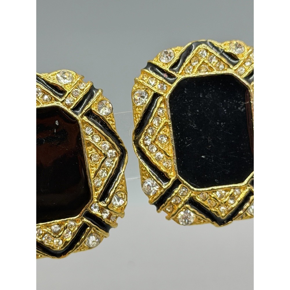 Vintage Gold‎ Tone Black Enamel Center Clear Rhinestone Panel Design Clip On - Picture 10 of 11